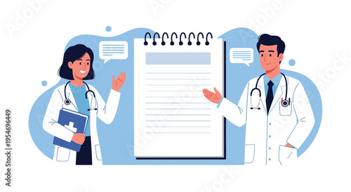 Male and female medical staff standing on either side of a large spiral notebook for healthcare information or checkup lists.