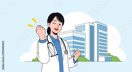 Confident female doctor in a white lab coat winking and pumping her fist in success with a modern hospital in the background.