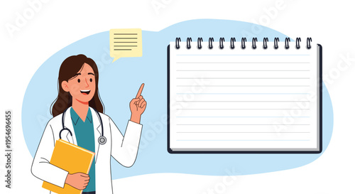 Friendly female physician in a lab coat pointing at a large blank spiral notebook for medical advice or health notes display.