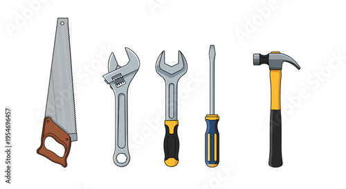 Diverse set of construction tools including a hand saw adjustable wrenches screwdriver and hammer for professional repair.
