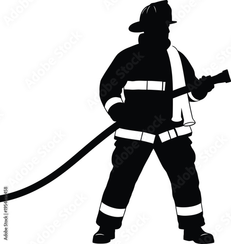 Silhouette of firefighter holding hose ready to extinguish fire