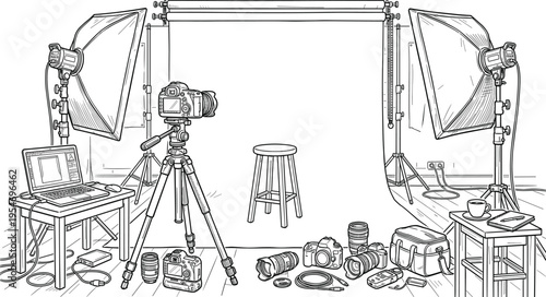 Professional photography studio interior vector line art illustration with camera tripod softbox lighting backdrop and digital equipment