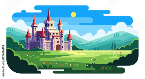 Fairytale Castle Landscape Illustration with Sun and Green Hills