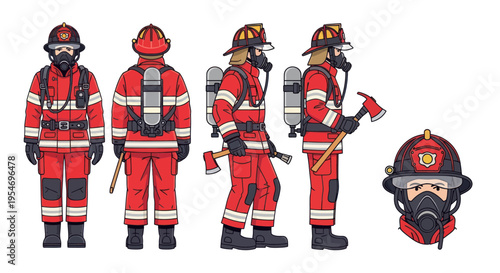 Firefighter Uniform Set: Front, Back, Side Views, and Head