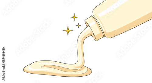 Creamy white liquid pouring from a plastic bottle onto a flat surface with sparkling stars representing glue or lotion.