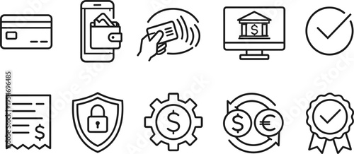 Collection of financial and payment icons representing online banking, security, and transactions