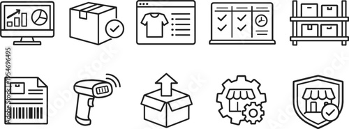 Collection of e-commerce and logistics icons representing business operations and supply chain management