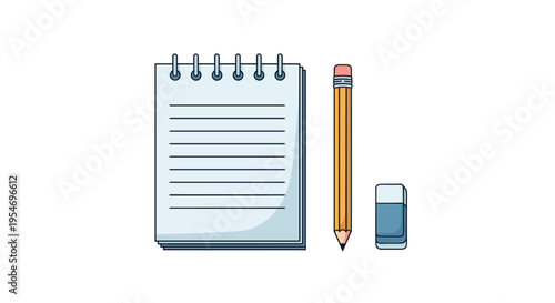 School supply set featuring a spiral notebook with lined pages a sharp wooden pencil and a blue rubber eraser on a plain background.