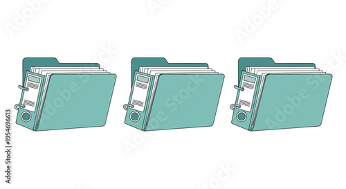 Trio of teal colored office file folders standing in a row for organized document storage and business administration tasks.