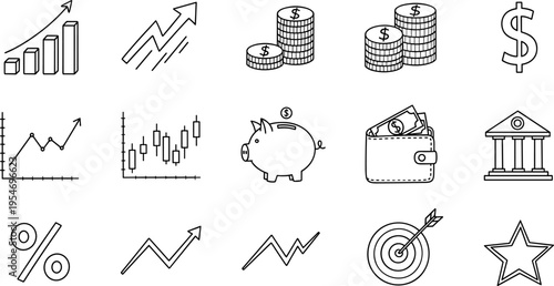 Collection of financial and business growth icons with upward trending charts and symbols