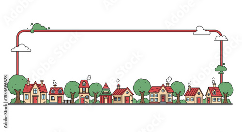 Picturesque row of colorful small houses and green trees enclosed by a thin red border for real estate or community concepts.