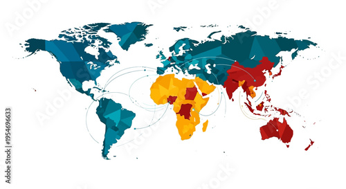 A world map illustration showing continents divided into distinct color-coded regions with connecting lines indicating global connections and trade routes.