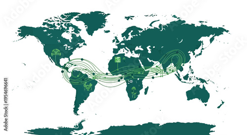 Global map illustrating the distribution of tropical rainforests and their interconnectedness across continents, highlighting biodiversity hotspots and ecological corridors.