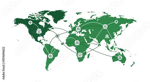 Global network of interconnected icons representing various services and industries spread across a stylized world map.