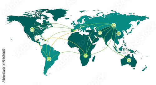Global network connections illustrated on a world map with lines connecting various continents and regions, symbolizing international communication and trade.