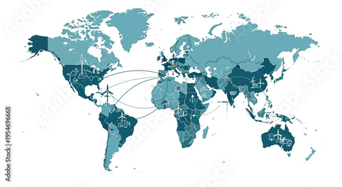 Global map illustrating interconnectedness and distribution of various entities across continents, with highlighted connections between regions.