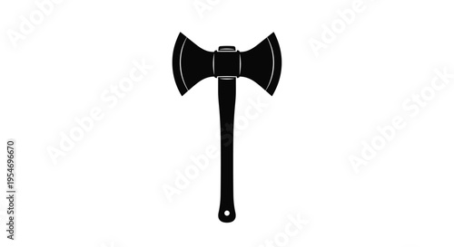 Solid black silhouette of a double bladed axe with a long handle isolated on a white background for logo or icon design.