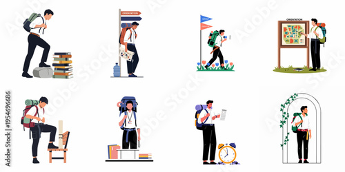 Collection of illustrations depicting a student's journey through college orientation, showing academic preparation, time management, and navigating new beginnings on campus.