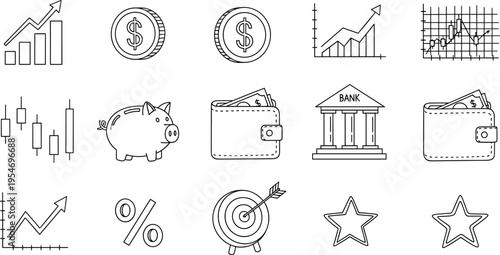 Collection of financial and business icons with a hand-drawn doodle style