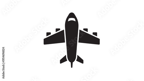 Airplane icon with four engines depicted from a top-down perspective in solid black against a white background, symbolizing travel.