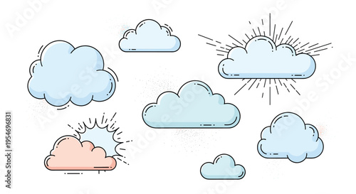 Collection of various cartoon clouds in different shapes and styles includes some with shining sun rays and others with dotted texture effects.