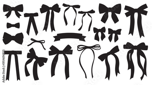 Bows set with various shapes and styles in black silhouette on a white background featuring bow, ribbon, ribbons with collection and decoration