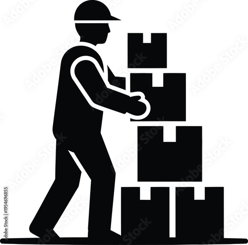 Warehouse worker silhouette stacking boxes with a silhouette of a worker in a