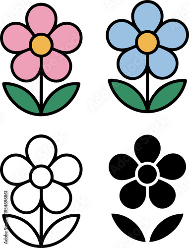 Cute Flower Icon Set Cartoon Floral Vector Illustration Collection