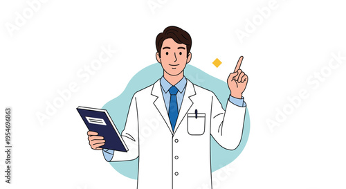 Professional male doctor in a white lab coat points his finger upwards while holding a dark blue patient notebook against a soft blue background.
