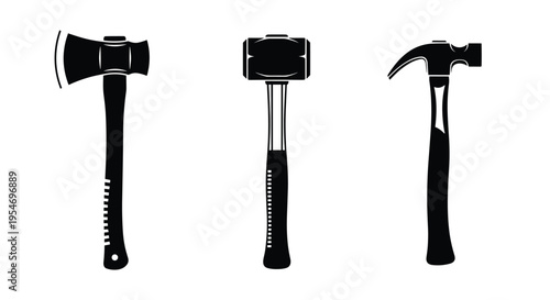 Three different hand tools including an axe, a heavy mallet, and a claw hammer are shown as black silhouettes for construction or repair themes.