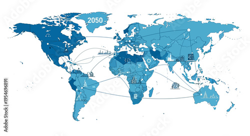 Global interconnectedness and future projections for 2050, illustrating trade routes, resource distribution, and potential challenges across continents.