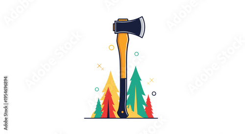 Vector illustration of a felling axe with a wooden handle stands vertically in front of stylized colorful evergreen trees in a minimalist style.