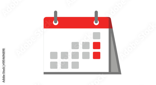 Simple desk calendar icon features a red header with two metal rings and grey squares representing dates with some highlighted in bright red.