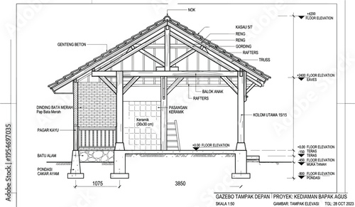 Technical architectural section drawing of wooden gazebo structure with detailed roof truss rafters foundation and floor elevation levels