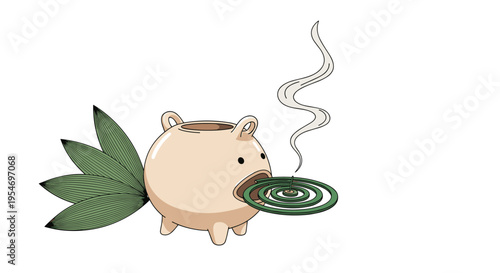 Traditional pig-shaped ceramic mosquito coil holder is illustrated with a burning green coil emitting smoke next to green bamboo leaves.