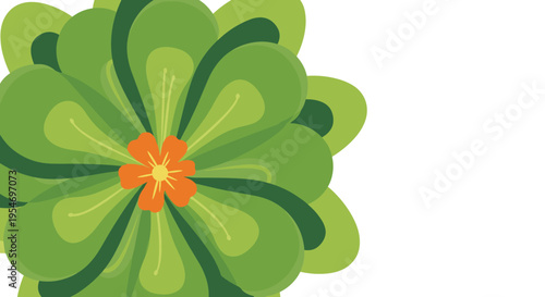 Close-up vector illustration of a green flower with many layered petals and a bright orange center is shown from a top-down perspective.