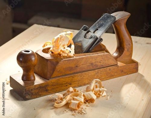 Close-up of a wooden hand plane with scattered shavings on a light-colored wooden surface, showcasing woodworking tools