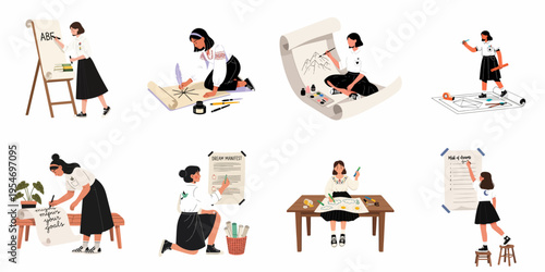 Set of illustrations depicting creative young women drawing, writing calligraphy, and planning their dreams on various paper scrolls and posters.