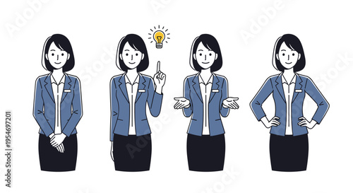 Collection of four illustrations shows a professional businesswoman in a blue suit performing various gestures like bowing and pointing.