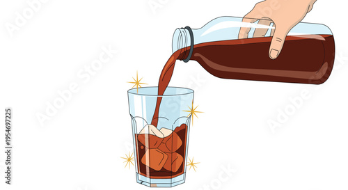 Close-up illustration of a hand pouring dark brown coffee or soda from a glass bottle into a tall glass filled with clear ice cubes.