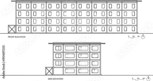 Technical front and side elevation of multi-story residential apartment building with exterior facade windows and metric scale markers