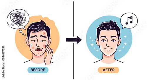 Comparison illustration showing a man with acne and skin problems before and a clear glowing complexion after skincare treatment.