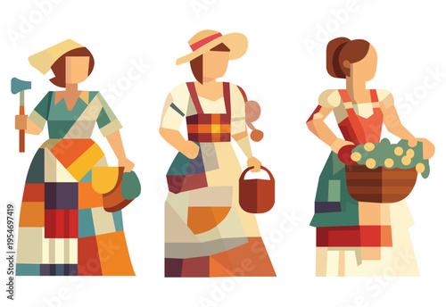 Stylized flat geometric vector illustration of three women farmers holding tools, basket, and produce, representing agriculture, rural life, and harvest activities.