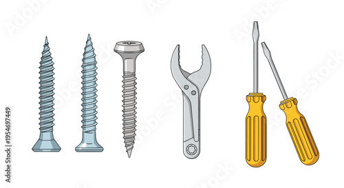 Collection of various construction and repair tools including metal screws, an adjustable wrench, and two screwdrivers.