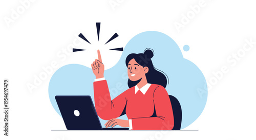 Illustration of a smiling young woman working at her laptop and pointing a finger up as if she has just found a great idea.