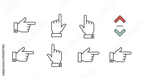 Set of various minimalist hand icons pointing in different directions with arrows for navigation and user interface design.