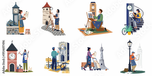 Diverse artists sketching and painting historical clock towers and urban architecture in a flat vector illustration style.