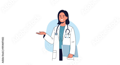 Professional female doctor in a lab coat with a stethoscope gesturing with an open hand to explain a medical diagnosis or treatment.