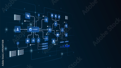 AI workflow automation artificial intelligence. ai agent node diagram with automation process flow, data analytics, and automation flow system.