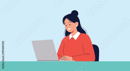 Illustration of a focused young woman with her hair in a bun sitting at a green desk and working on a laptop computer.